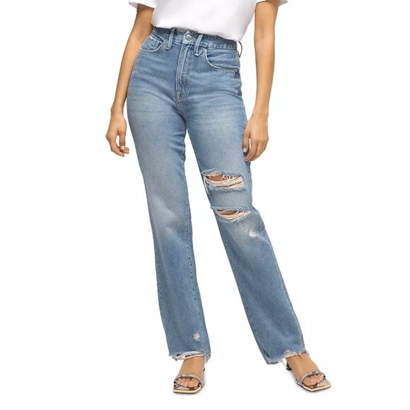 Good American Denim - GOOD AMERICAN GOOD BOY SPLIT HEM RIPPED JEANS HIGH RISE STRAIGHT LEG sz 12/31